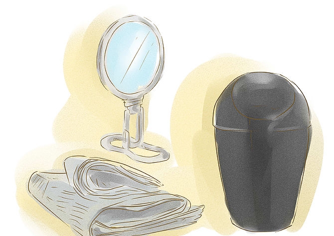 зеркало, полотенце и мусорное ведро